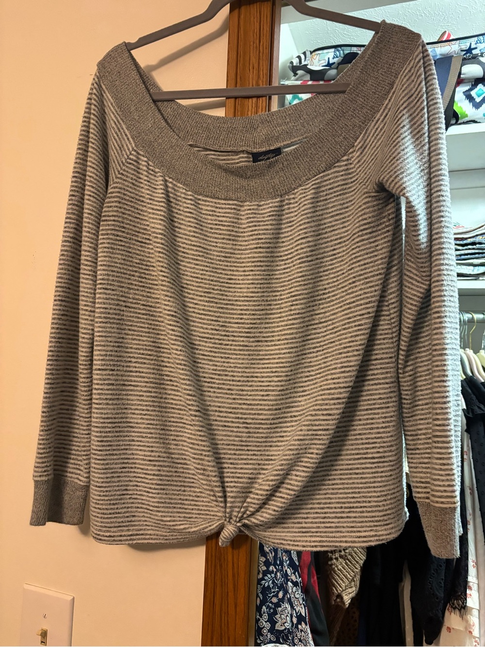 Daytrip Gray Striped Off-Shoulder Knot-Hem Sweater off shoulder super soft